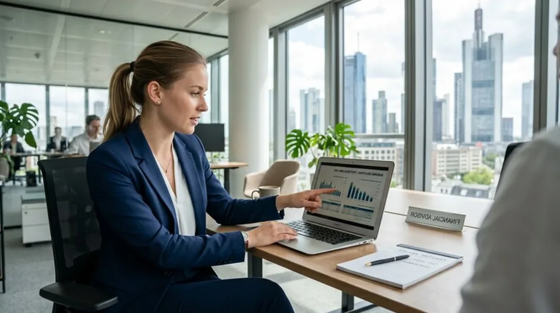 bewertung bank frau berater laptop schaut erklaert
