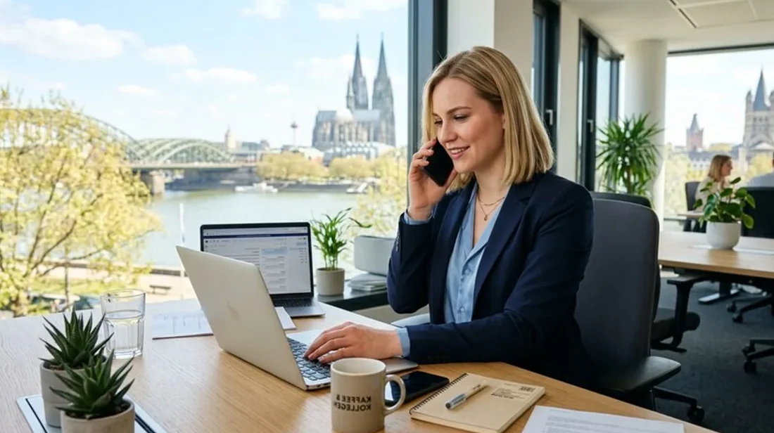 bewertung buero frau laptop telefon gleichzeitig