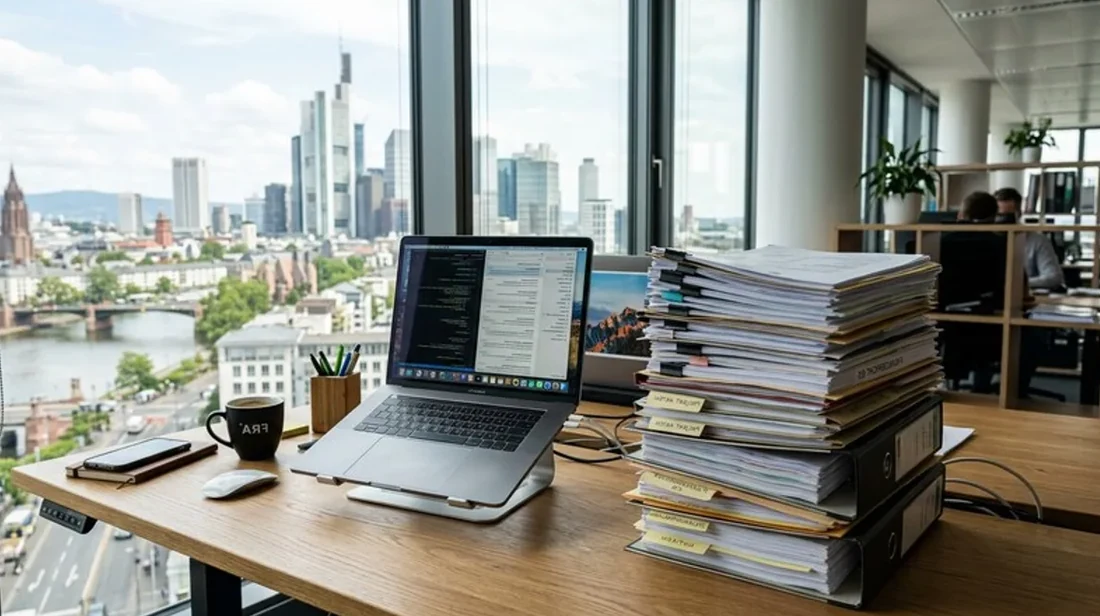 bewertung dokumente gestapelt schreibtisch laptop daneben