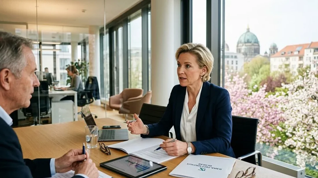 bewertung finanzberater frau gespraech buero hell