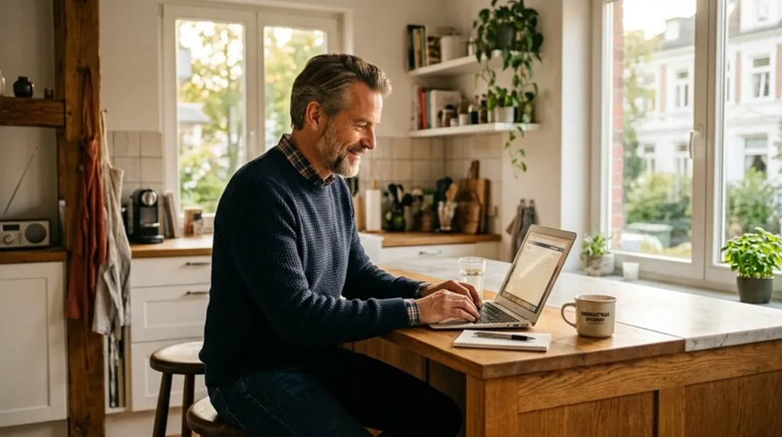 bewertung kueche mann laptop morgens kaffee daneben