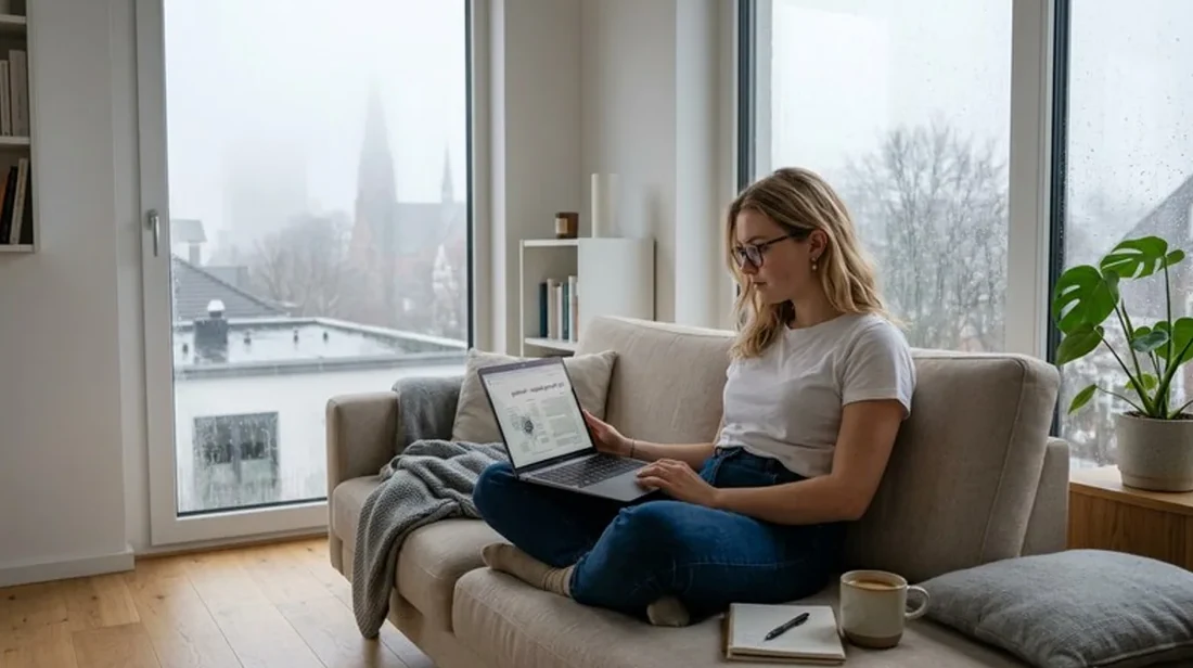 bewertung liest frau dokumente laptop sofa fenster