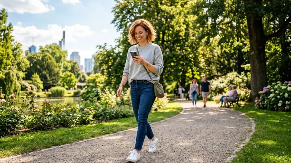 bewertung park frau spaziergang handy kurz schaut
