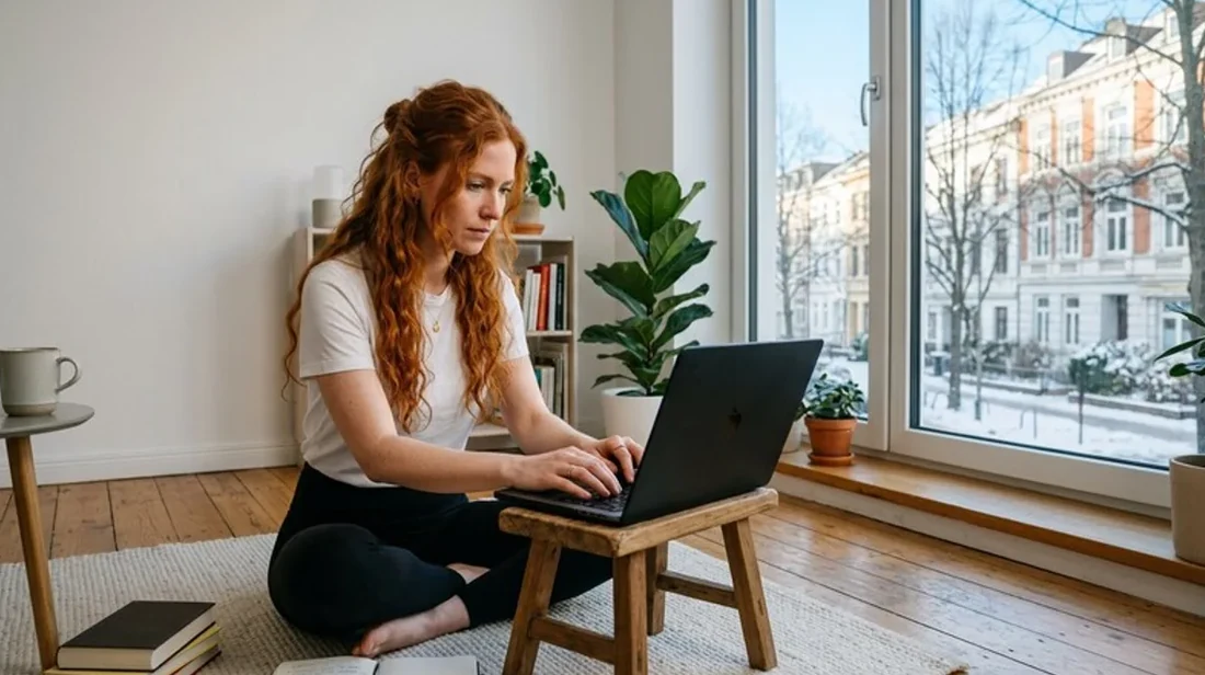 bewertung wohnzimmer frau laptop rechner zahlen tippt