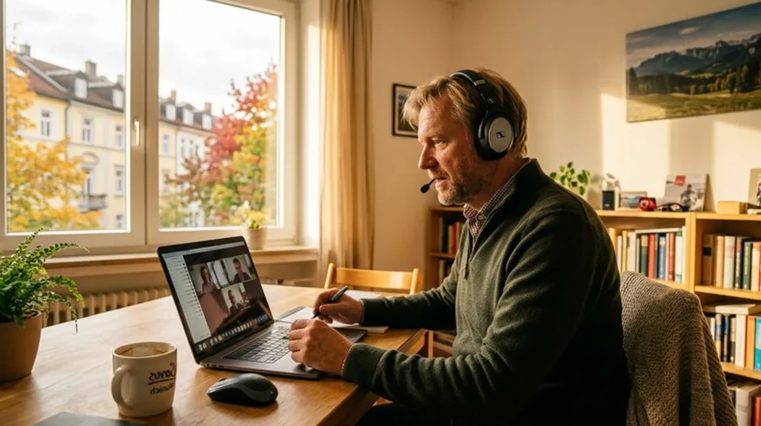 bewertung wohnzimmer mann laptop headset videocall
