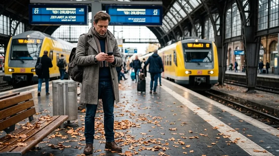 immobilien bahnhof mann handy tippt wartet