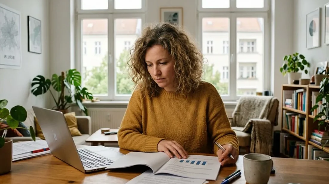immobilien blickt frau unterlagen laptop daneben hell wohnzimmer