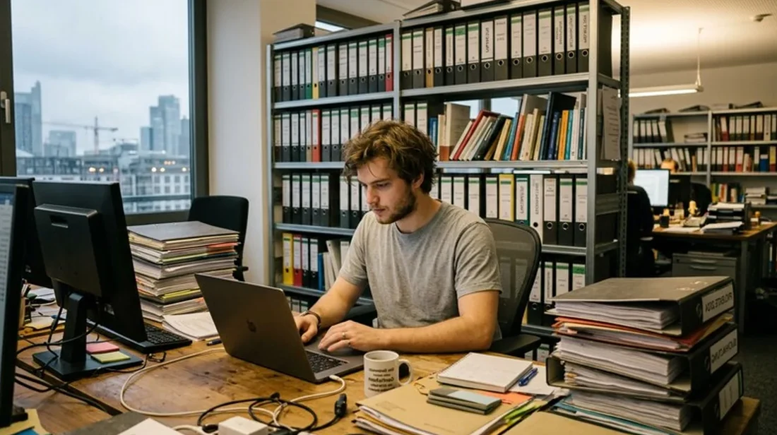 immobilien buero mann laptop schreibtisch ordner regal