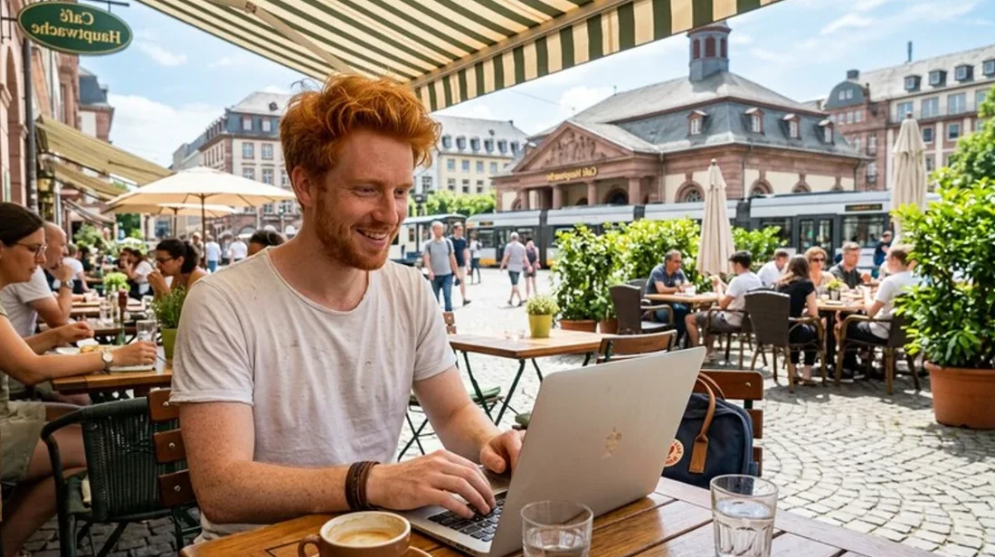 immobilien cafe mann terrasse laptop sommertag