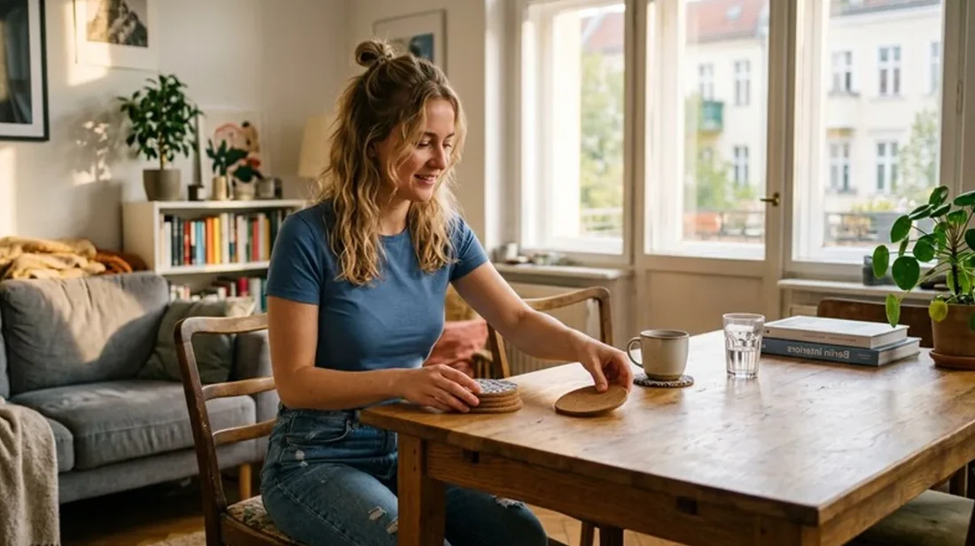 immobilien handy frau wohnzimmer tisch unterlagen daneben