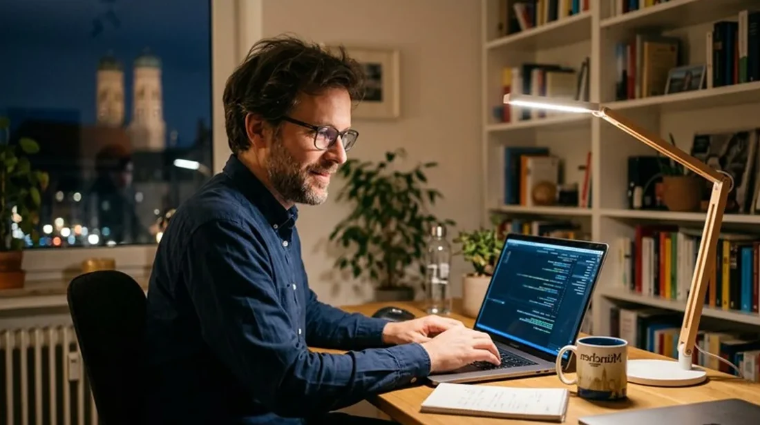 immobilien homeoffice mann laptop abend schreibtischlampe