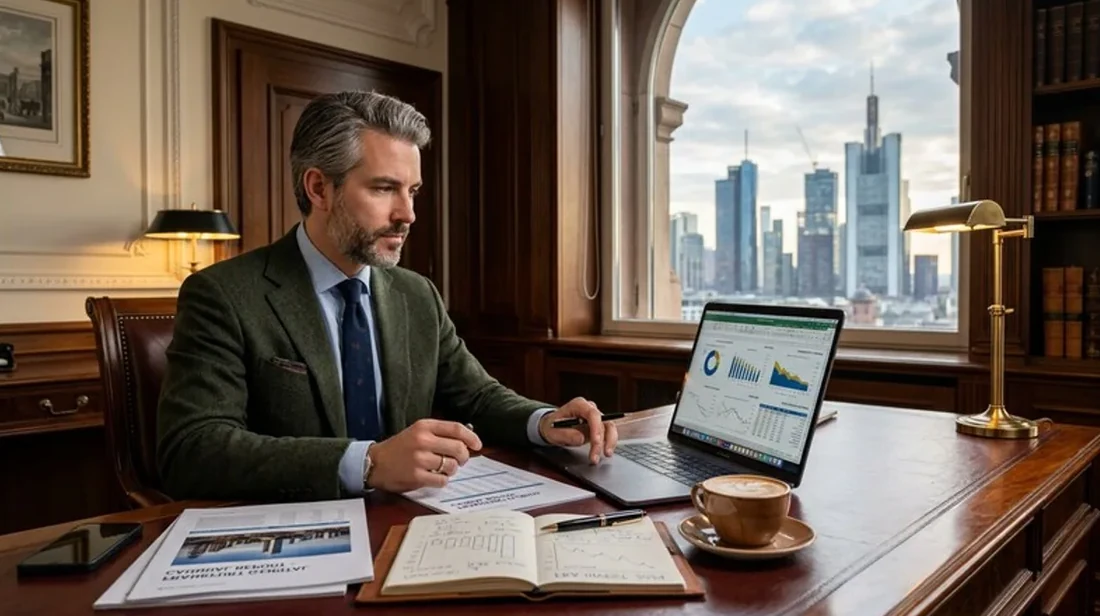 immobilien investor mann laptop kaffee schreibtisch morgens