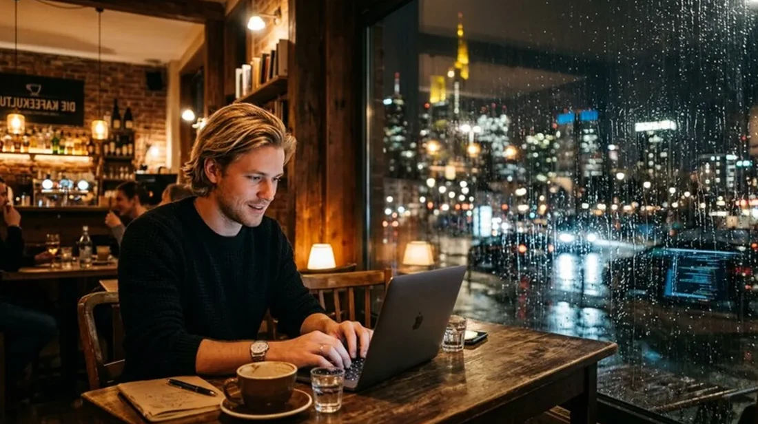 immobilien laptop mann cafe grosses fenster stadtblick