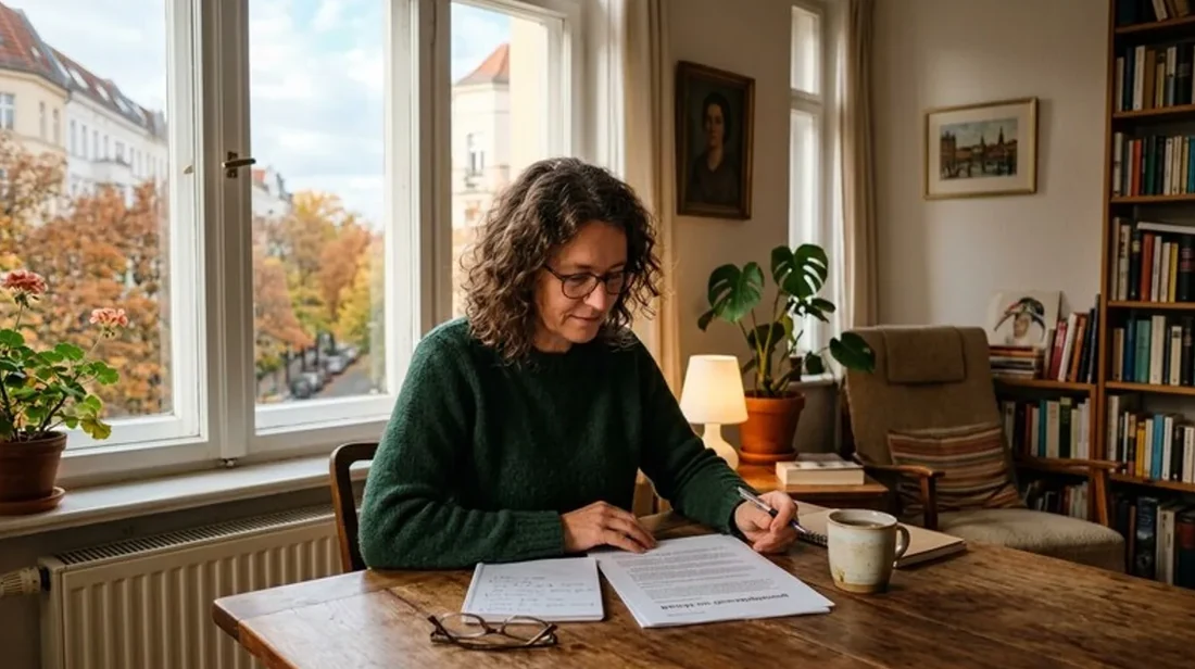 immobilien liest frau dokument unterlagen tisch konzentriert