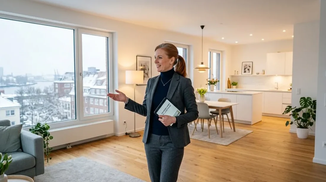 immobilien makler frau gespraech wohnung hell