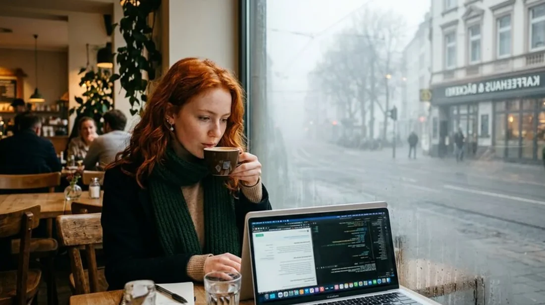 immobilienrechner blickt frau laptop cafe sonnenlicht einfall