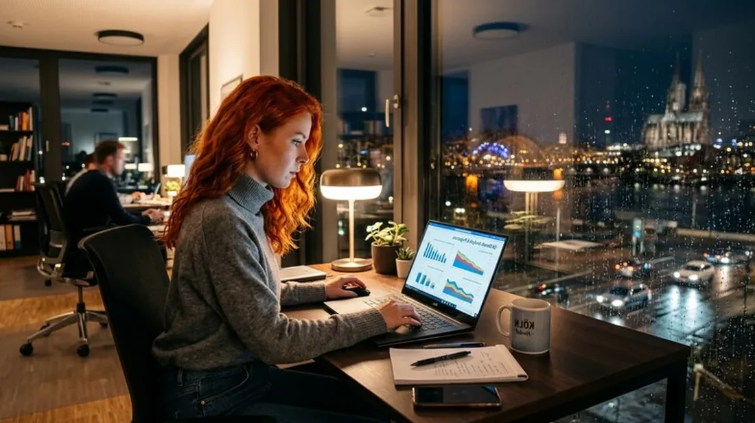 immobilienrechner buero frau laptop charts wachstum zeigt