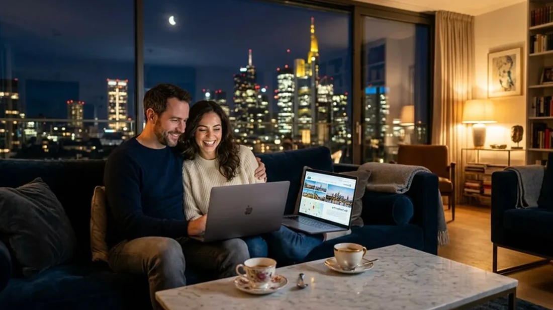 immobilienrechner gemeinsam paar schaut laptop wohnzimmer kaffee