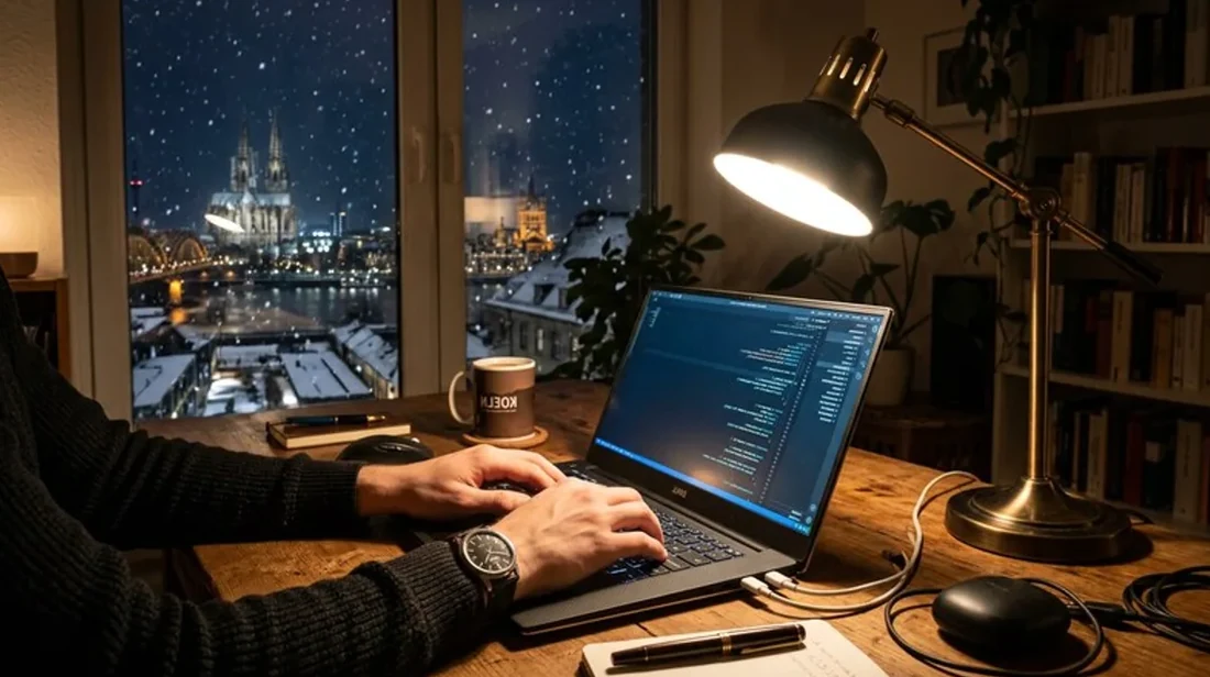 immobilienrechner haende tippen laptop nacht schreibtischlampe