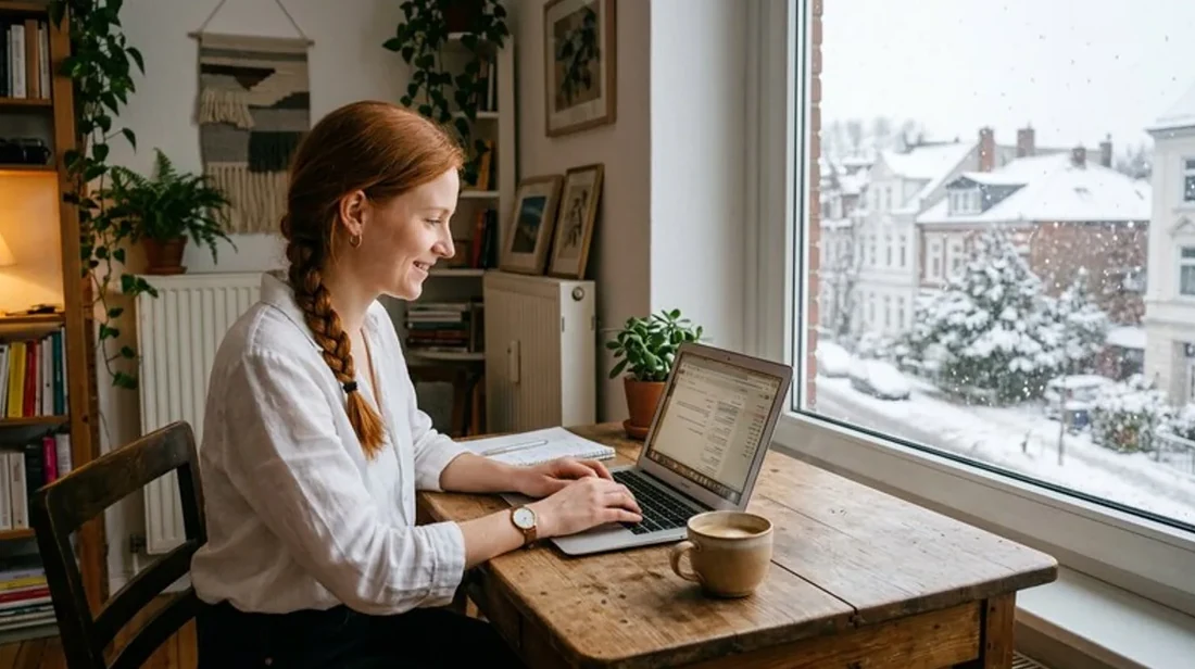 immobilienrechner homeoffice frau handy kaffee morgens hell