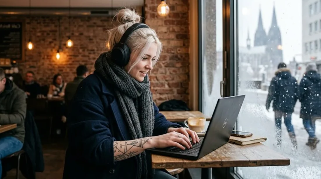 immobilienrechner homeoffice frau schreibtisch laptop hell fenster