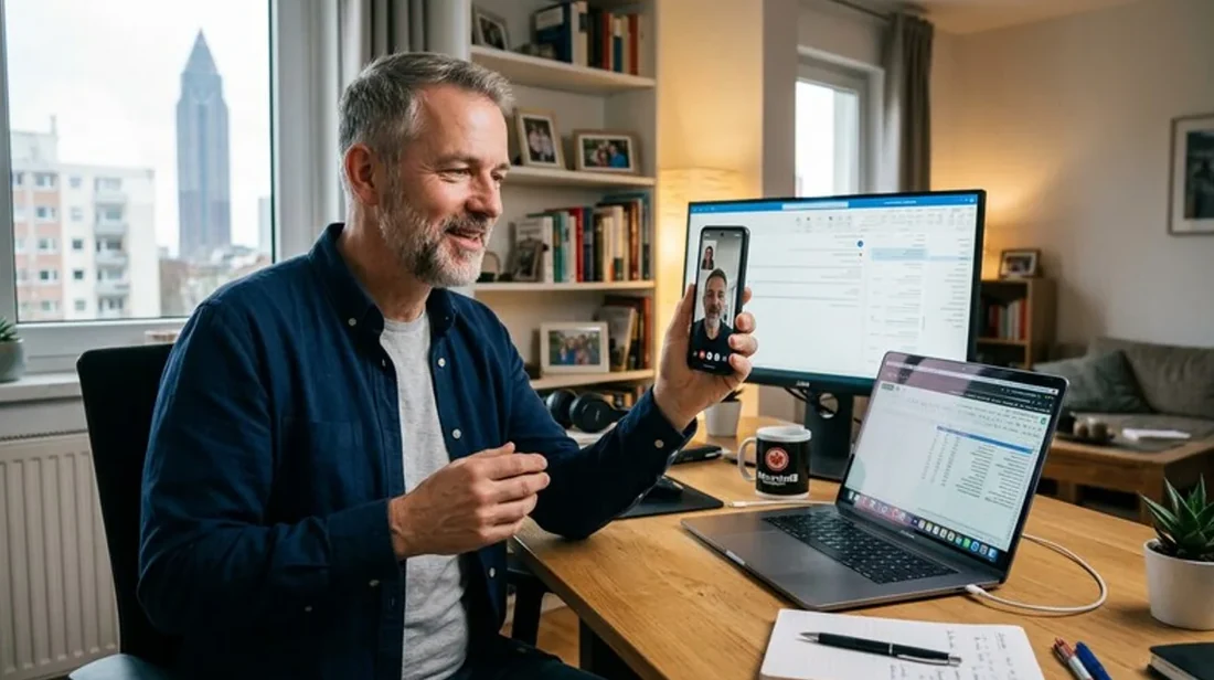 immobilienrechner homeoffice mann handy video anruf schreibtisch