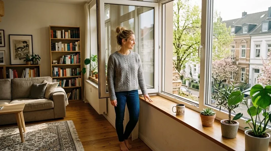 immobilienrechner kueche frau steht handy liest morgens
