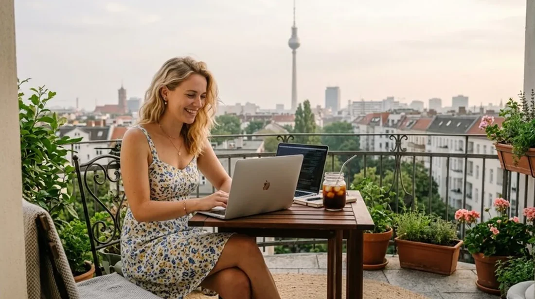 immobilienrechner laptop frau kaffee balkon morgens
