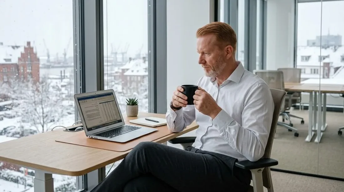immobilienrechner laptop mann buero pause kaffeetasse haelt