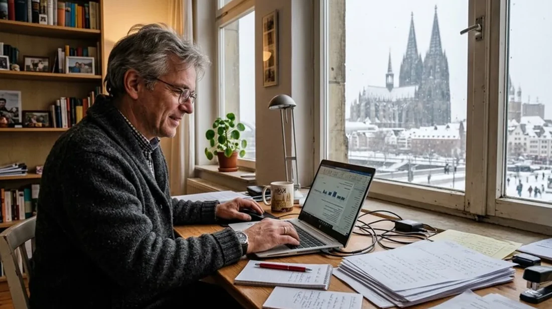 immobilienrechner laptop mann schreibtisch unterlagen ausgebreitet