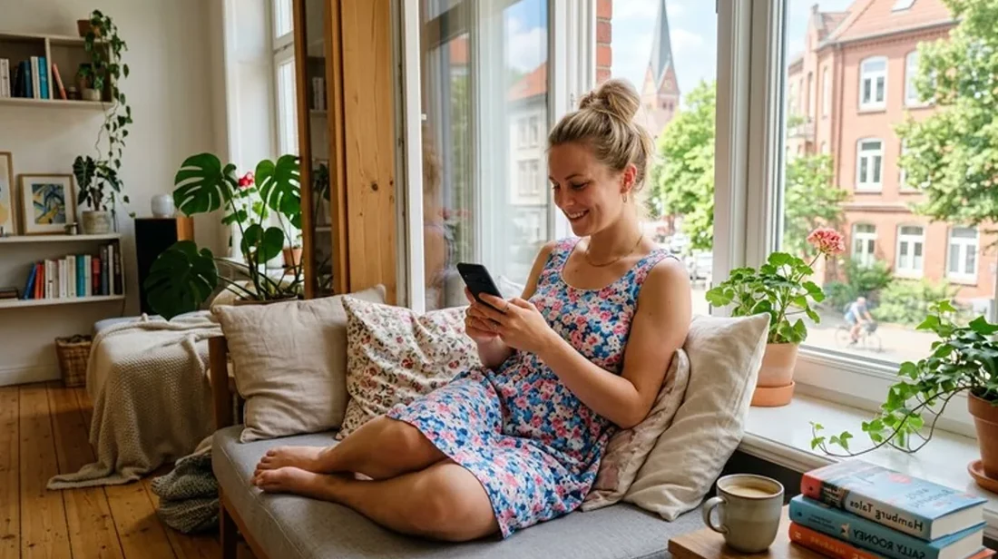 immobilienrechner tippt frau handy cafe sonnenlicht fenster