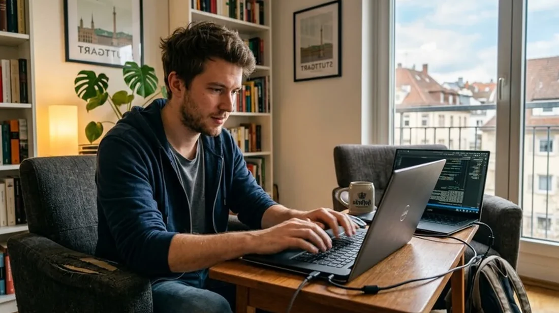 immobilienrechner tippt mann schnell tastatur notebook wohnzimmer stuhl
