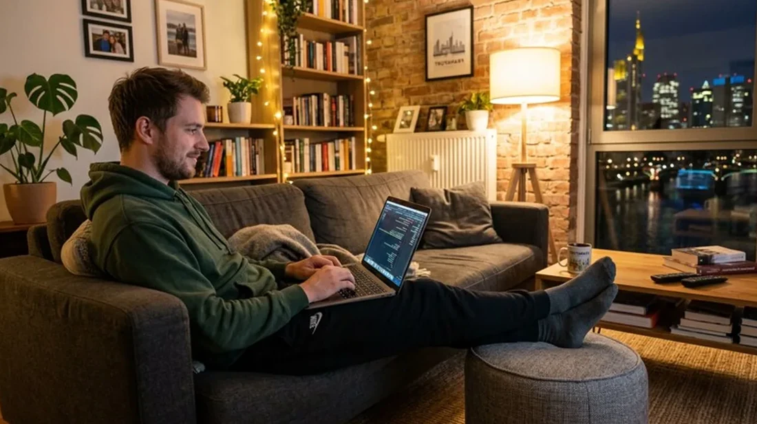 immobilienrechner wohnzimmer mann laptop entspannt beine hochgelegt