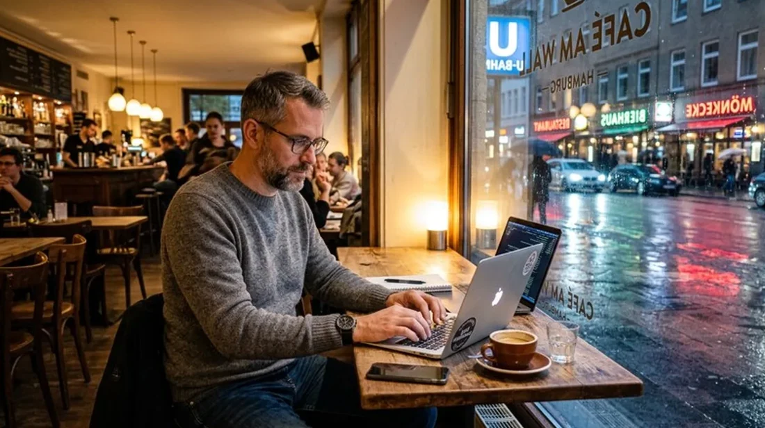 kaufpreis arbeitet mann notebook cafe fenster strasse