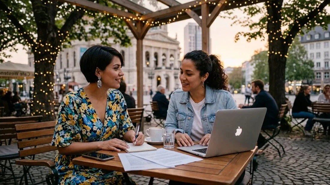 kaufpreis frauen zwei laptop cafe besprechung papiere