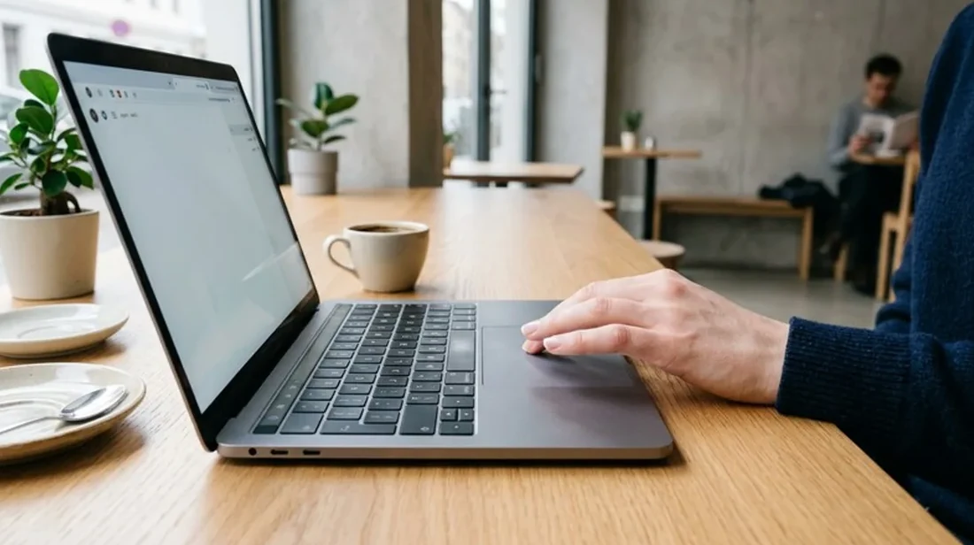 kaufpreis haende tasse haelt laptop geoeffnet schreibtisch
