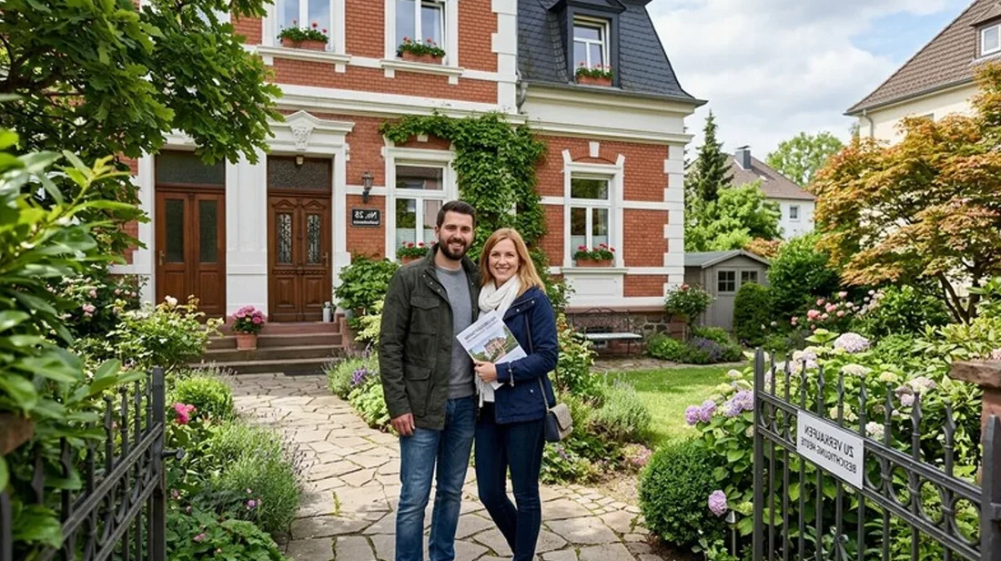 kaufpreis haus paar steht vor garten besichtigung