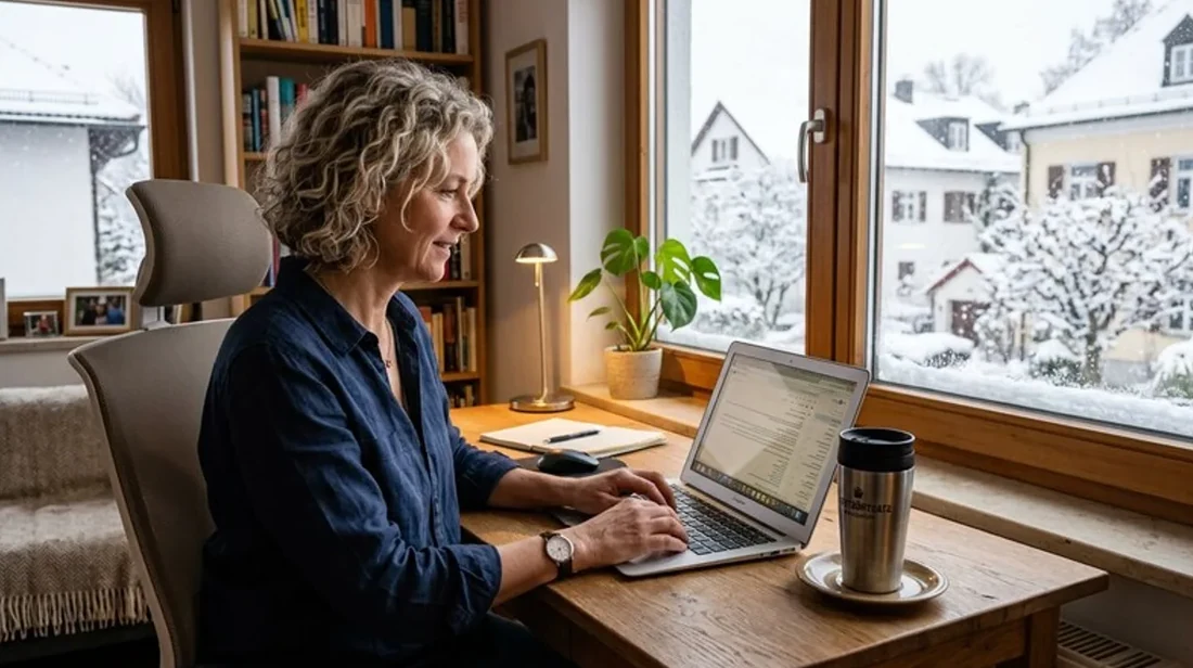 kaufpreis homeoffice frau laptop morgens kaffee schreibtisch