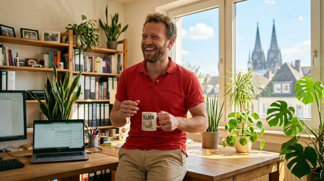 kaufpreis homeoffice mann handy kurze pause lacht