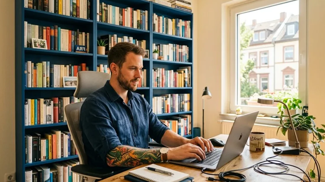 kaufpreis homeoffice mann laptop regal buecher hintergrund