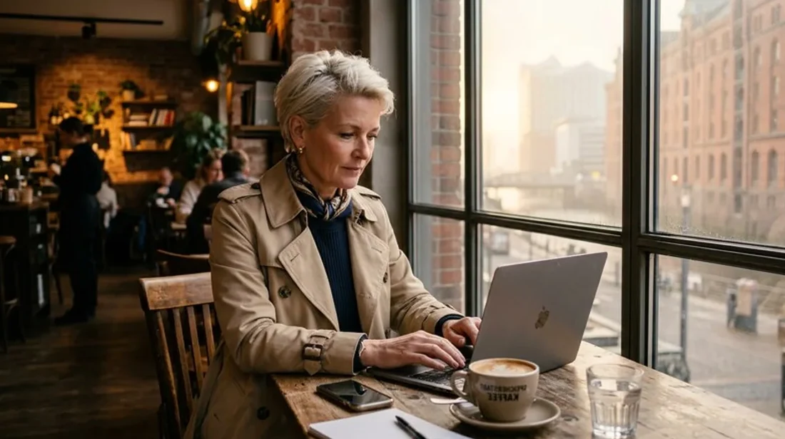 kaufpreis laptop frau cafe morgens frueh arbeitet