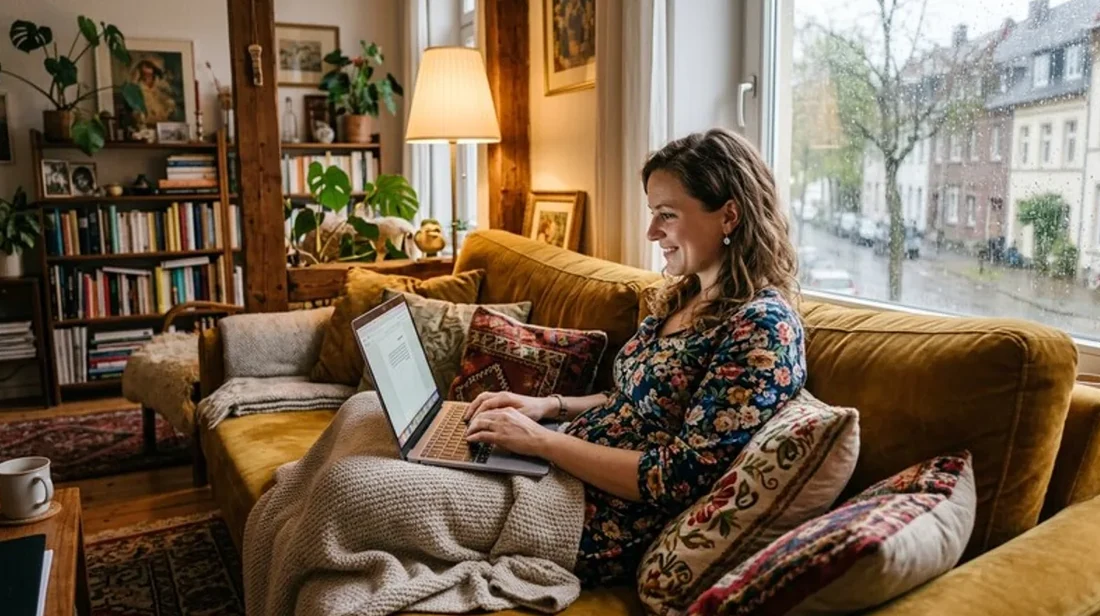 kaufpreis sofa frau auf laptop knie entspannt hell muenster