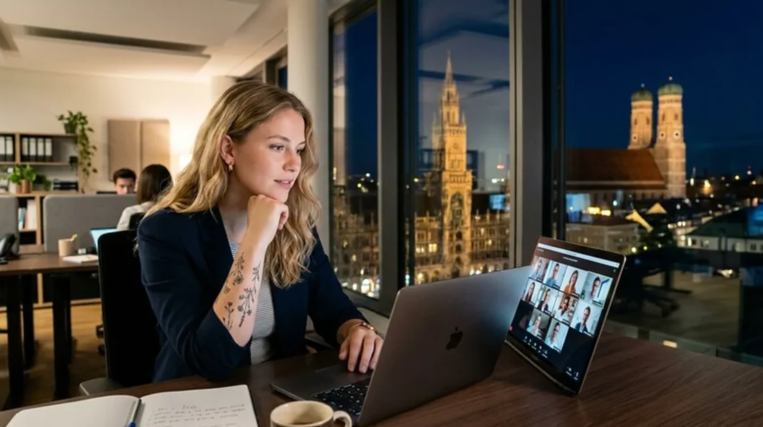 kaufpreis video frau konferenz laptop buero hell