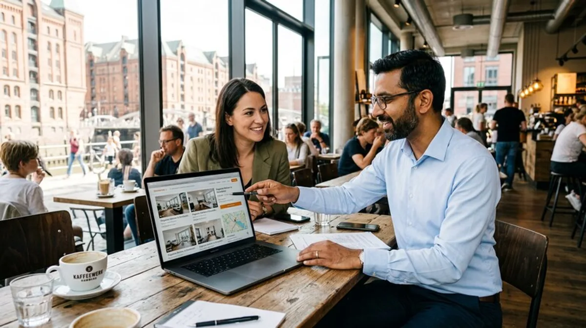 laptop paar immobilien angebote vergleicht wohnzimmer morgens