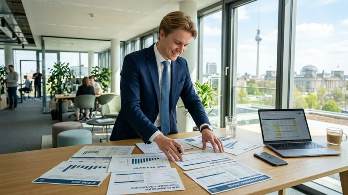 makler frau laptop rechner erklaert tisch schreibtisch