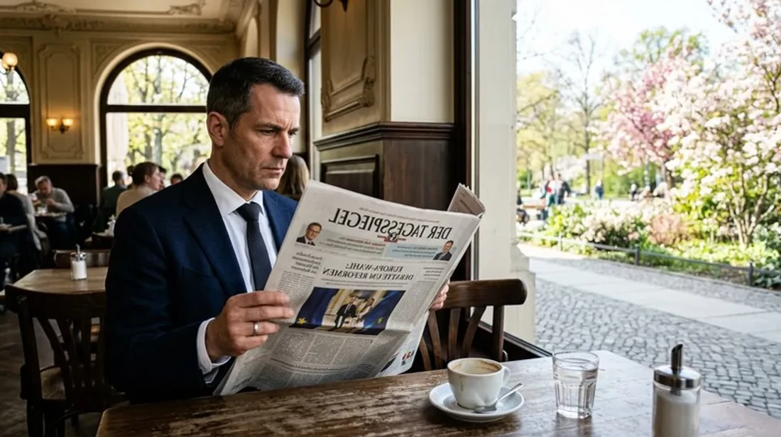 quadratmeter cafe mann handy liest zeitung app morgens