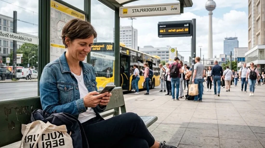 quadratmeter haltestelle frau handy liest app sonnig
