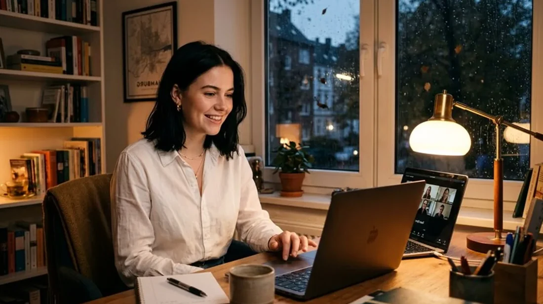 quadratmeter headset frau laptop videomeeting home office