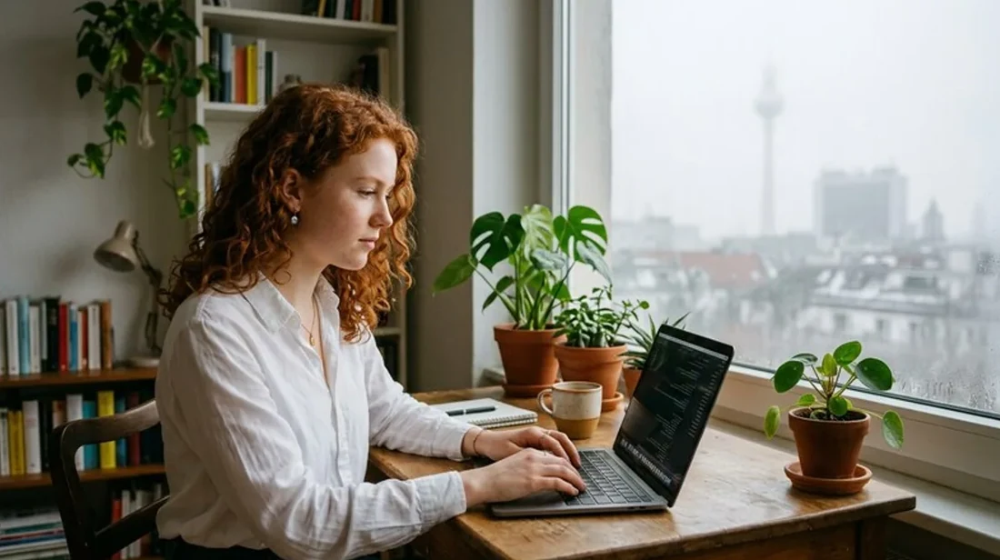 quadratmeter homeoffice frau laptop pflanzen regal hintergrund