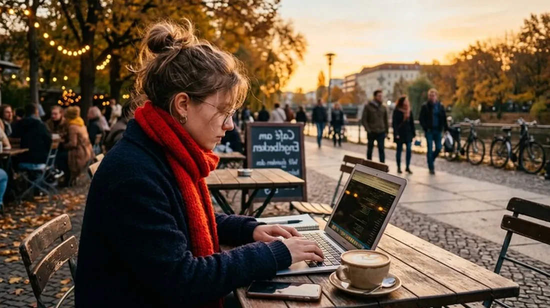 quadratmeter investor frau laptop kaffee terrasse sonnig